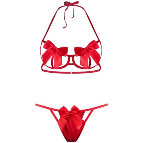Sexy Dessous Sets für Damen mit Schleife Neckholder Hebe BH und Slip Set Riemchen Babydoll Teddy Nachtwäsche Unterwäsche Nachthemden Geschenk für...