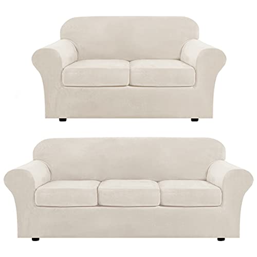 H.VERSAILTEX 4 Pieces Velvet Plush Sofa Slipcover Bundle 3 Pieces Velvet Plush Loveseat Cover, Ivory