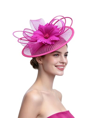 SAFERIN Elegant Womens Fascinator Hat with Veil and Feather Hair Clip Headpiece for Weddings Tea Party (US Alpha Medium ST59-Rose)