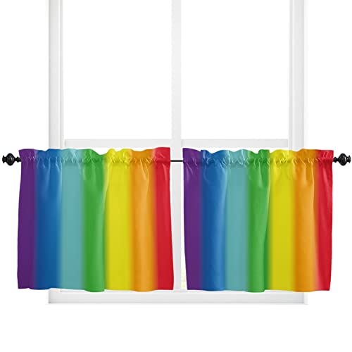 Wohnkutu 2 Panels Rod Pocket Short Tier Curtains, Rainbow Stripes Home Decor Window Treatments For Living Room, Bedroom, Bathroom, Modern Colorful Striped Aesthetics 27.5" W X 36" L X2 #TOP15