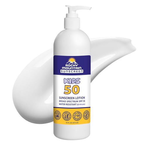 KIDS Rocky Mountain Sunscreen SPF 50 LOTION | Broad Spectrum UVA/UVB Protection | Hawaii 104 Reef Act Compliant (Oxybenzone & Octinoxate Free) | Water Resistant 80 Min | Fragrance Free | For Children