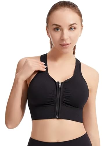 Front Zipper Sports Bra for Women High Support Shockproof Running Vest Hollow Back Breathable Workout Top Push Up Gym Workout Training Yoga Fitness Black XL