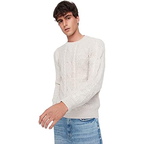 Trendyol Suéter Ajustado Liso con Cuello Redondo Sudadera, Piedra, XL para Hombre Cover