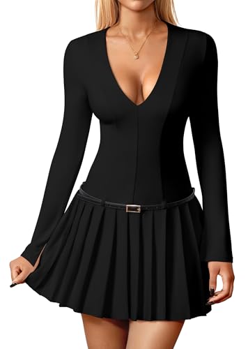 DAAWENXI Women's Sexy Deep V Neck Mini Dress Long Sleeve Pleated Bodycon A Line Party Club Short Dresses