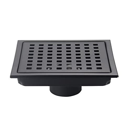 DEOKXZ 6 Inch Square Shower Floor Drain Black Matte, Grille with Removable Cover, SUS304 Stainless Steel