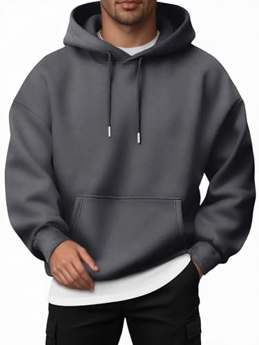 Jhsnjnr Mens Drawstring Sweatshirts Oversized Hooded Jumpers with Pocket Plain Fleece Lined Cotton Outerwear Hoodies Grey
