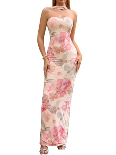 Image of HTZMO Women Elegant Summer Bodycon Maxi Dress Halter Neck Formal Wedding Guest Cocktail Party Long Dresses