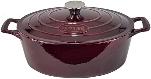 La Cuisine 6110MB Enameled Cast Iron Covered Oval Dutch Oven, Pot, Casserole, French Oven, 5-Quart (QT) - Matte Black Enamel Interior, Cranberry Porcelain Enamel Coating Finish Exterior