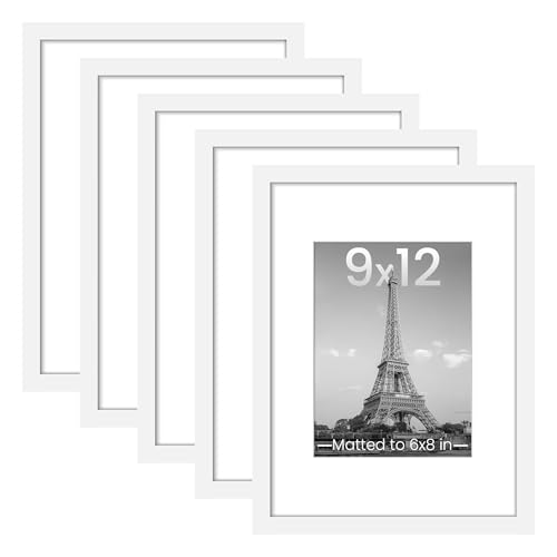 upsimples 9x12 Picture Frame Set of 5, Display Pictures 6x8 with Mat or 9 x 12 Without, Wall Gallery Photo Frames, White