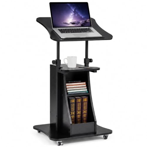 Image of POWERSTONE Sit to Stand Mobile Lectern Teacher Podium Portable Height Adjustable Podium Stand Rolling Laptop Desk Cart with Storage Shelf Swivel Top for Classroom, Concert, Church