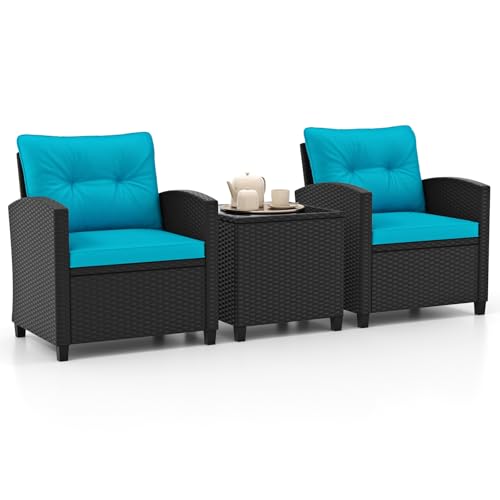 HAPPYGRILL 3 Pieces Wicker Patio Conversation Set, PE Rattan Bistro Sofa Set with Tempered Glass Coffee Table, Washable Cushions, Outdoor Furniture Set for Garden Poolside Balcony (Turquoise)