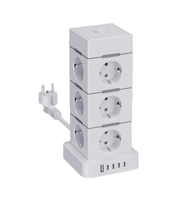 12 Prese Ciabatta Multipresa, 5 USB, Torre Multipresa, Cavo 3M | Multipresa con 4 USB-C e 1 USB-A con interruttore e protezione da sovratensione, 3600 W/16 A, Multipresa per casa e ufficio