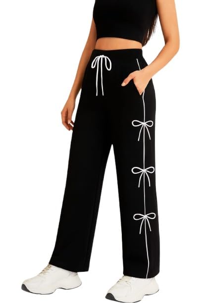 Girls' Stylish Black Wide-Leg Trousers with Side Bow Detailing | Soft Stretchable Fabric | Casual & Trendy High-Waist Pants, College, Travel & Outings-picture-54