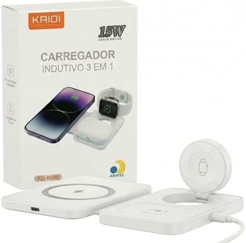 Carregador de indução rápido sem fio 3 em 1 compatível com Iphone, samsung e android| base de carregamento magnético 15w wireless dobrável e portátil para celular, relógio e fone (Branco)