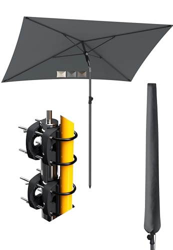 Menz Sonnenschirm Balkon - 4-IN-1 Sonnenschutz Balkon SET in Anthrazit, UPF 50+ Sonnenschirm rechteckig 200 x 125cm + 2 Stück Sonnenschirmhalter Balkongeländer + Sonnenschirmhülle, extrem stabil