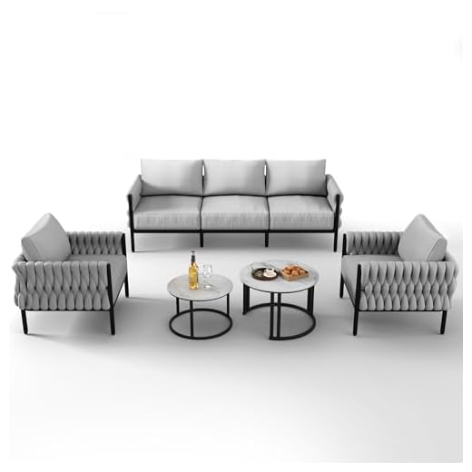 OSGMMOSG 5-Piece Modern Metal Patio Furniture Set - Rope-Woven Outdoor Deep-Seat Conversation Sofa with 6.3" Thick Cushions & Dual Nesting Tables | Metal Outdoor Furniture | Modern Patio Set