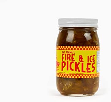 Fat Mama's Fire and Ice Pickles - Always Crispy Spicy and Sweet Pickles - Great with BBQs, Grilling, Sandwiches, Burgers & Everyday Meals - Made with Natural Ingredients 16 Oz. Glass Jar of Crispy Pickles - Made in USA