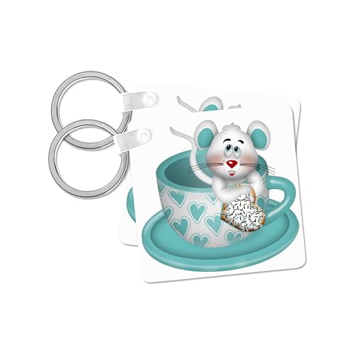 3dRose, Cute Mouse In An Aqua Heart Patterned Mug Illustration, set of 2 Key Chains