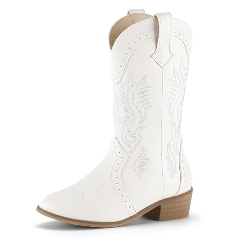 PANDANINJIA Girls Cowboy Boots Toddler Cowgirl Boots Little Big Kids Western Mid Calf Round Toe Embroidered Horse Riding Shoes Booties