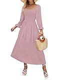 ZESICA Women's Casual Square Neck 3/4 Puff Sleeve Solid Color Smocked High Waist Flowy Midi Dress,DarkPink,Small