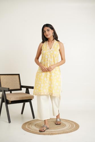 Image of GOODHAND Chic Cotton Halter Kurti with Timeless Block printsPerfect for Casual outings or Festive Flair-Where Traditional Charm Meets Modern Silhouette