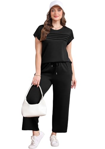 WIHOLL Two Piece Sets for Women Summer Travel Vacation Outfits Cap Sleeve Lounge Matching Sets Wide Leg Pants S-3XL