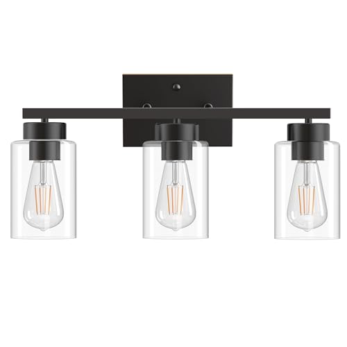 PARTPHONER 3-Light Bathroom Light Fixtures, Matte Black Vanity Light with Clear Glass Shade, Modern Wall Sconce for Mirror Bedroom Living Room Hallway Lighting by PARTPHONER - Used condition - US$19.99