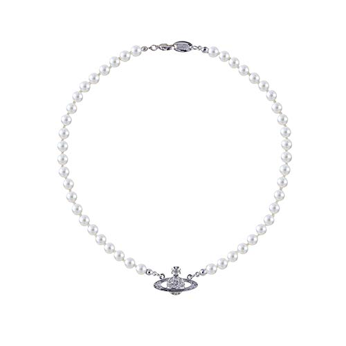 Qikafan White Pearl Bead Necklaces Crystal Rhinestone Saturn Planet Necklace for Women and Girls