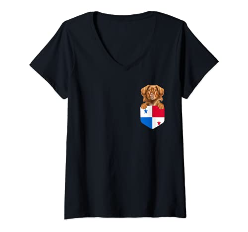 Womens Panama Flag Duck Tolling Retrievers Dog In Pocket V-Neck T-Shirt, Black
