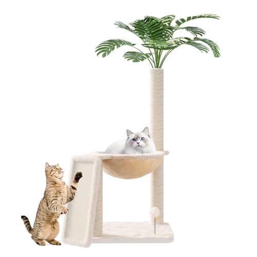 Small Cat Tree, Green Cat Tree with Scratching Post, Hammock Toy Ball and Palm Leaves for Kittens...