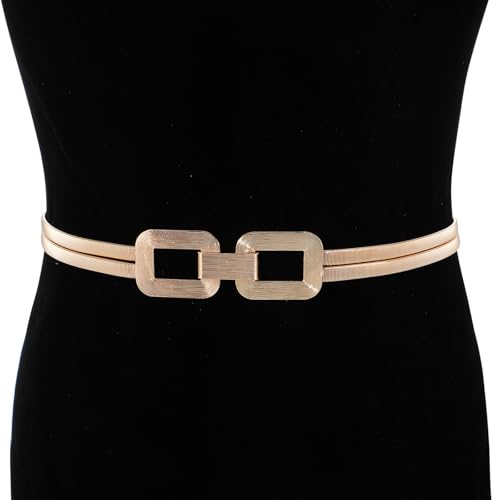 Prasacco Gold Belt Strech Metal Belts Hollow Out Chain Belt with Double Rectangle Buckle Gold Belts for Women Dresses Waist Accessories4