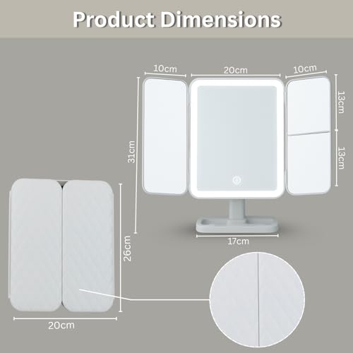Image of Plastic Rectangular LED Makeup Mirror with Adjustable Trifold Angle and LED Lights | Vanity Mirror with 3 Adjustable Coloured LED Light with USB Power and Battery Power (White), Tabletop
