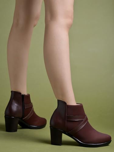 Image of Shoetopia Women's Ankle Boots with Block Heel and Cross Strap Design - Stylish Comfortable Casual & Party Footwear