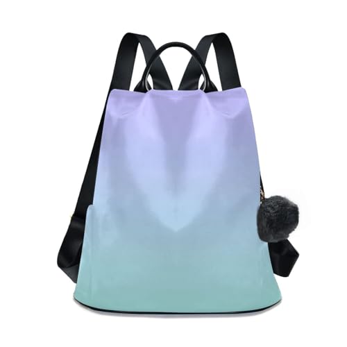 Mochila antirrobo mujer morado verde degradado casual escolar con pompones