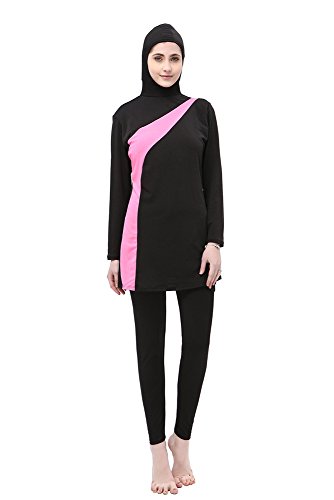 BOZEVON Maillot de Bain Musulman Burkini à Manches Longues Beachwear pour Femmes, Noir+Rose, L