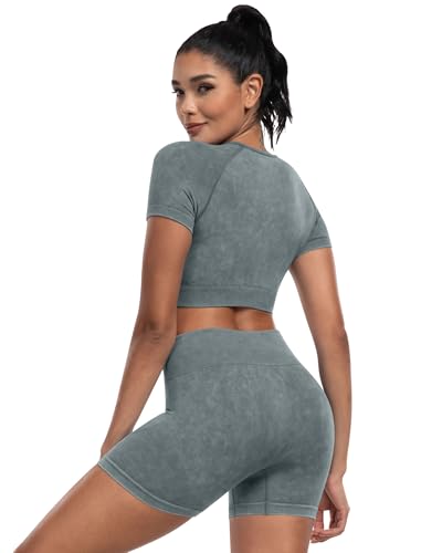 2 Piece Workou Short Sleevet Sets for Women,Seamless Summer Gym Tops High Waist Yoga Shorts Outfits3