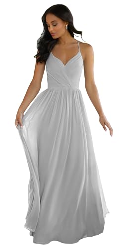 Image of Women's V Neck Bridesmaid Dresses Long for Wedding A-Line Chiffon Open Back Formal Gown with Pockets