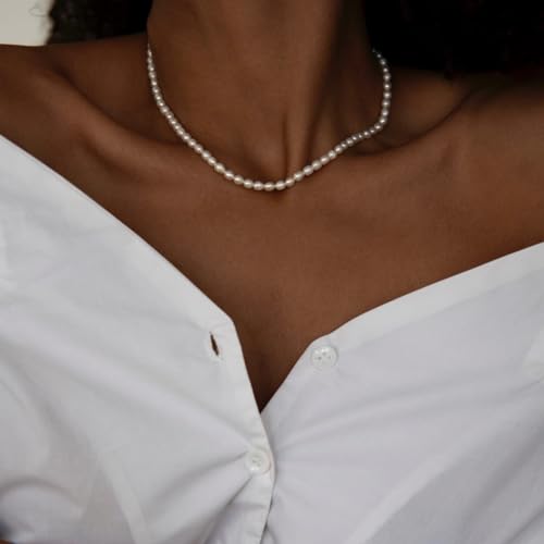 14K Gold Plated Freshwater Pearl Necklaces for Women Teens Dainty Small 4mm Adjustable Chain 16+2" Oval Rice Real Pearl Strand Necklace Pearl Accessories Jewelry Gifts2
