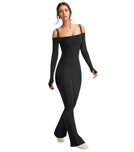 Image of Jigfar Womens Sexy Elegant Spaghetti Straps Off Shoulder Bodycon 1 Piece Casual Flare Leg Jumpsuit(6013,Black,M)