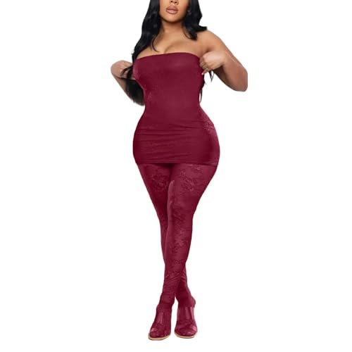 Image of Kafiloe Sexy 2 Piece Outfits for Women Clubwear Lace Tube Mini Dress Top with Stockings Set Birthday Outfits