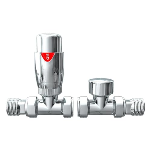 Image of Thermostatic Radiator Valve Set – Straight TRV with Lockshield & Wheel Head – Chrome Finish, Brass Construction – Frost Protection, Easy Fit for Wall Pipe Entry Radiators