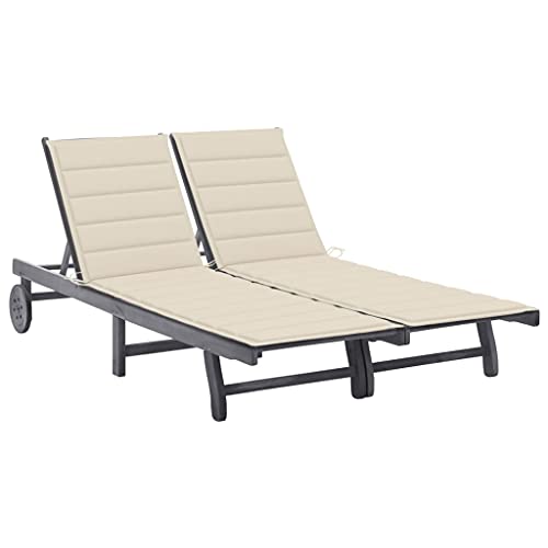 Teenpull Tumbona para 2 personas con cojín de madera maciza de acacia gris, respaldo ajustable, ruedas para jardín, terraza, piscina, incluye 2 cojines de color blanco crema