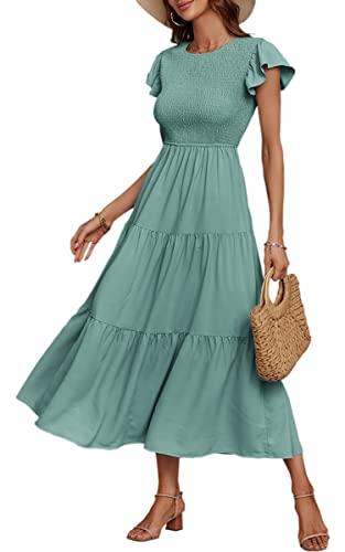 ECOWISH Womens Dresses Elegant Ruffles Cap Sleeves Summer A-Line Midi Dress