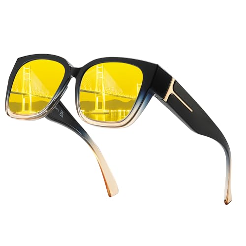 Chicid Night Vision Driving Fit Over Glasses for Women, Polarized Anti-Glare Yellow Lens Glasses