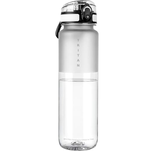 Edmyre 32oz Water Bottle with Chug Lid, Frosted & Clear Tritan BPA-Free, Leakproof, Wide Mouth, Portable Sports Water Bottle for Gym, Office, Travel, Outdoor (Transparent)