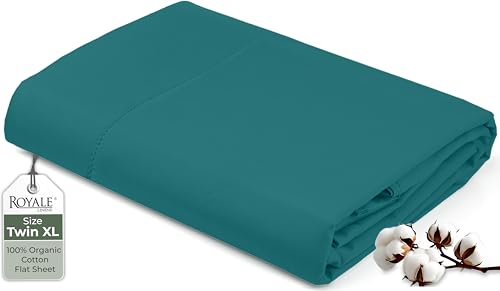 Image of Royale Linens 100% Organic Cotton Twin XL Flat Sheet Only - Super Soft - Percale Top Sheets - Twin XL Flat Sheet Sold Separately - Breathable, Cool & Crisp Sheets Only (66 inch x 102 inch, Teal)