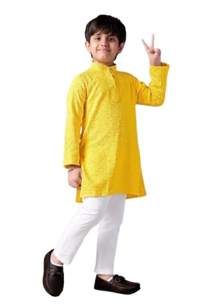 Image of Valaki Kurta Pajama Set for Boys Cotton Blend Mirror Work Embroidery Kurta Pyjama for Boys