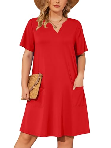 Image of AusLook Plus Size Midi Dress for Women V Neck Short Sleeve Summer Casual Loose Fit Vacation Sundress with Pockets 1X-5X