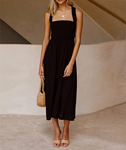 Image of Sexyshine Women's Square Neck Halter Lace Up Criss Cross Maxi Dress Tie Back Sleeveless Smocked Ruched A Line Dress