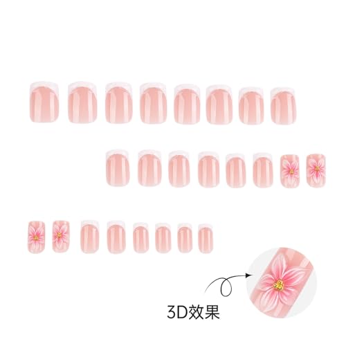 Image of 3D Pink Flower Press on Nails Short Square Fake Nails White French Tip Nail Press ons Floral Charms Glossy Full Cover Stick on Nail for Women Manicure 24Pcs